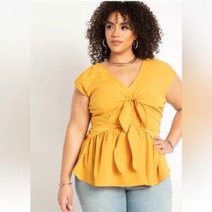 ELOQUII Bow Tie Front Peplum Blouse Daffodil Yellow
